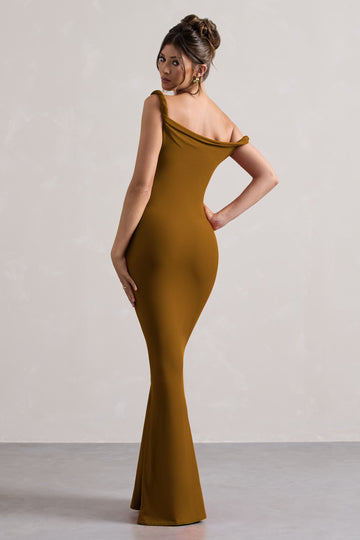 Lita Golden Brown Twisted Asymmetric Maxi Dress
